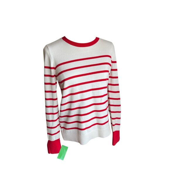 LOFT Red & White Striped Pullover Sweater Crew Neck Button Cuff Size S - Picture 8 of 8